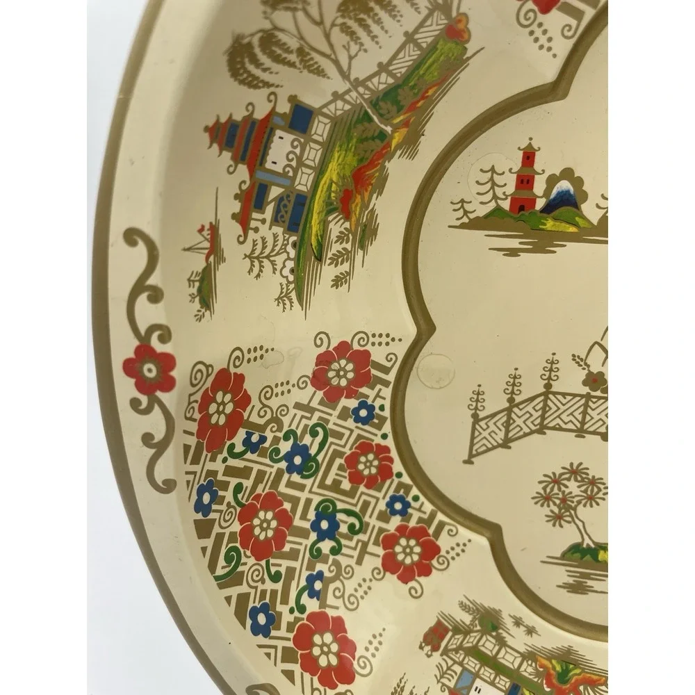 Vintage 1971 Daher Asian Ladies Decorated Metal Ware Floral Serving Bowl England
